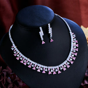 Shinning Triangle Shape Cubic Zirconia White and Pink Luxury Jewelry Set for Women Gathering Party Necklace and Earrings Set Jovera Joyce