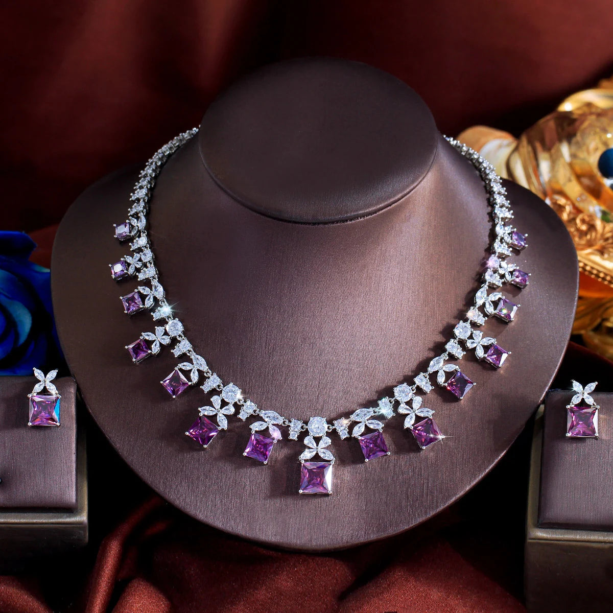 Wholesale Luxurious Designs Square Cubic Zircon Bridal Purple Jewelry Set for Women Anniversary Wedding Party Dress Accessories Jovera Joyce