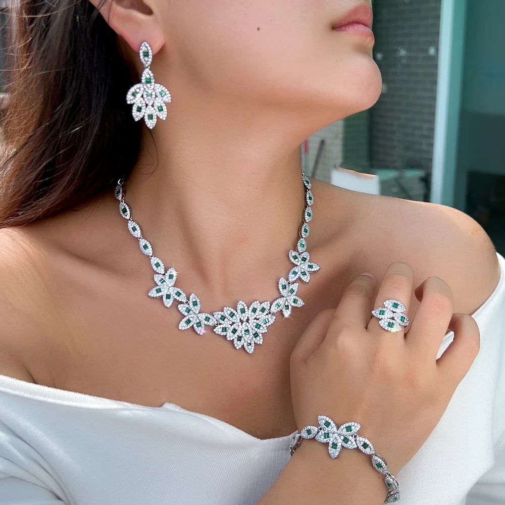 Elegant 4pcs Leaf Shape Cubic Zirconia Stone Bridal Luxury Green Jewelry Set for Women Party Engagement Dress Accessories Jovera Joyce