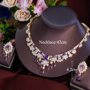 Luxury Purple and White Cubic Zirconia  Big Necklace Earrings Italian Dubai 18k Gold Plated Bridal Jewelry Set for Women Wedding Jovera Joyce