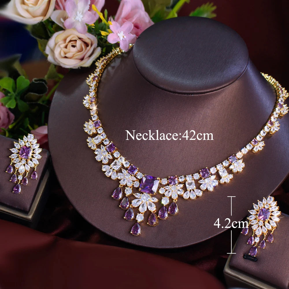 Luxury Purple and White Cubic Zirconia  Big Necklace Earrings Italian Dubai 18k Gold Plated Bridal Jewelry Set for Women Wedding Jovera Joyce