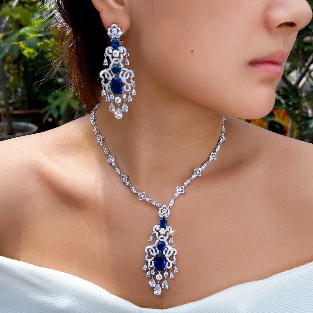 Top Quality Royal Blue Cubic Zirconia African Long Big Statement Necklace Earrings 2Pcs Sets for Women Evening Party Jewelry Jovera Joyce