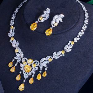 Rhodium Plated CZ Jewelry Set Yellow Zirconia Nigeria Tassel Necklace Earrings Bridal Wedding Luxury Jewelry Set for Women Party Jovera Joyce