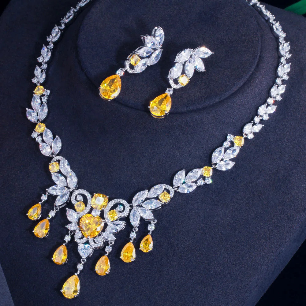 Rhodium Plated CZ Jewelry Set Yellow Zirconia Nigeria Tassel Necklace Earrings Bridal Wedding Luxury Jewelry Set for Women Party Jovera Joyce