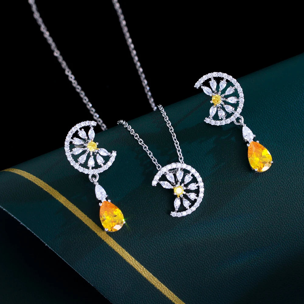 Dainty Blue Water Drop Cubic Zirconia Engagement Half Round Pendant Necklace and Earrings Fashion Jewelry Set for Women Jovera Joyce