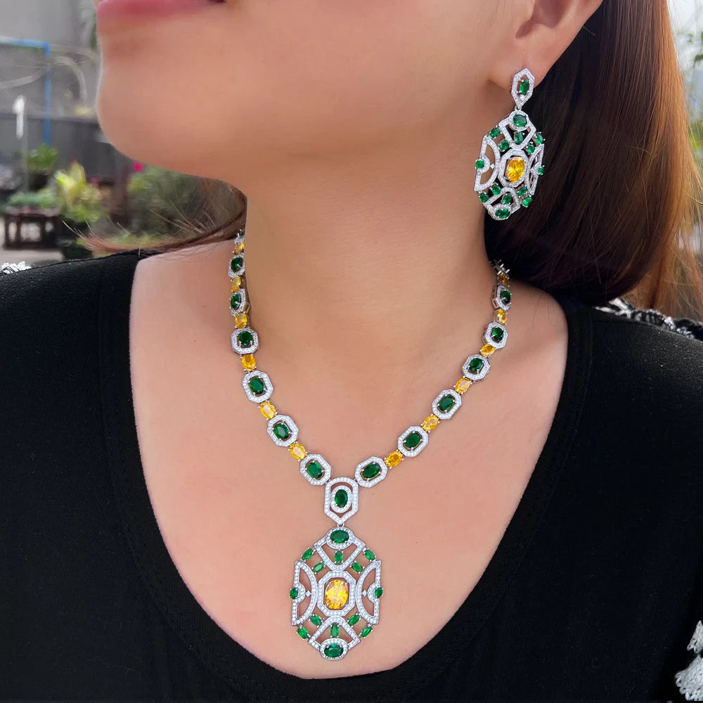 Super Luxury Yellow Green Zirconia Wedding Banquet Big Chunky Necklace and Earrings Bridal Party Costume Jewelry Sets for Women Jovera Joyce