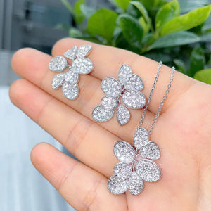 Glitter Silver Plated Cubic Zirconia Big Delicate Leaf Shaped Chain Pendant Necklace Earring Bridal Jewelry Sets for Women Jovera Joyce