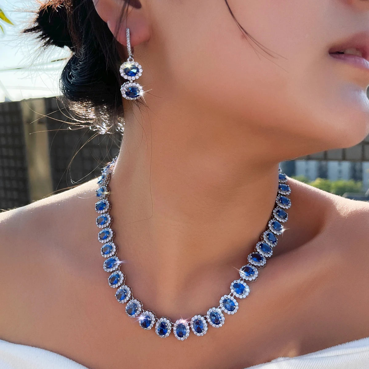 Tanzanite Oval CZ Jewelry Set Necklace Huggie Dangle Earrings Rhodium Plated Cubic Zirconia Bridal Women Wedding Jewelry Set Jovera Joyce