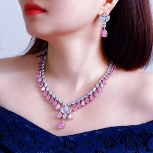 Super Luxury Cubic Zirconia Water Drop Shape Necklace and Earrings Wedding Bridal White Pink Jewelry Set for Women Jovera Joyce