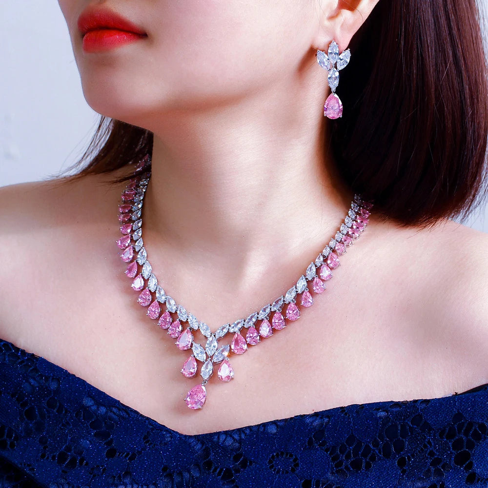 Super Luxury Cubic Zirconia Water Drop Shape Necklace and Earrings Wedding Bridal White Pink Jewelry Set for Women Jovera Joyce