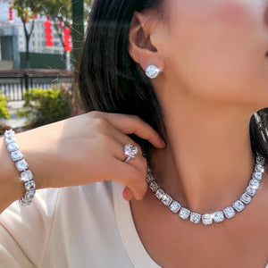 Sparkling 4PCS Rhodium Plated CZ Jewelry Set White Square Zircon Bracelet Ring Earrings Necklace Jewelry Set for Women Banquet Jovera Joyce
