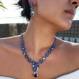 Tanzanite CZ Jewelry Set Blue Flower Water Drop Cubic Zirconia Dangle Necklace Earrings Jewelry Set With Rhodium Plated Gift Jovera Joyce