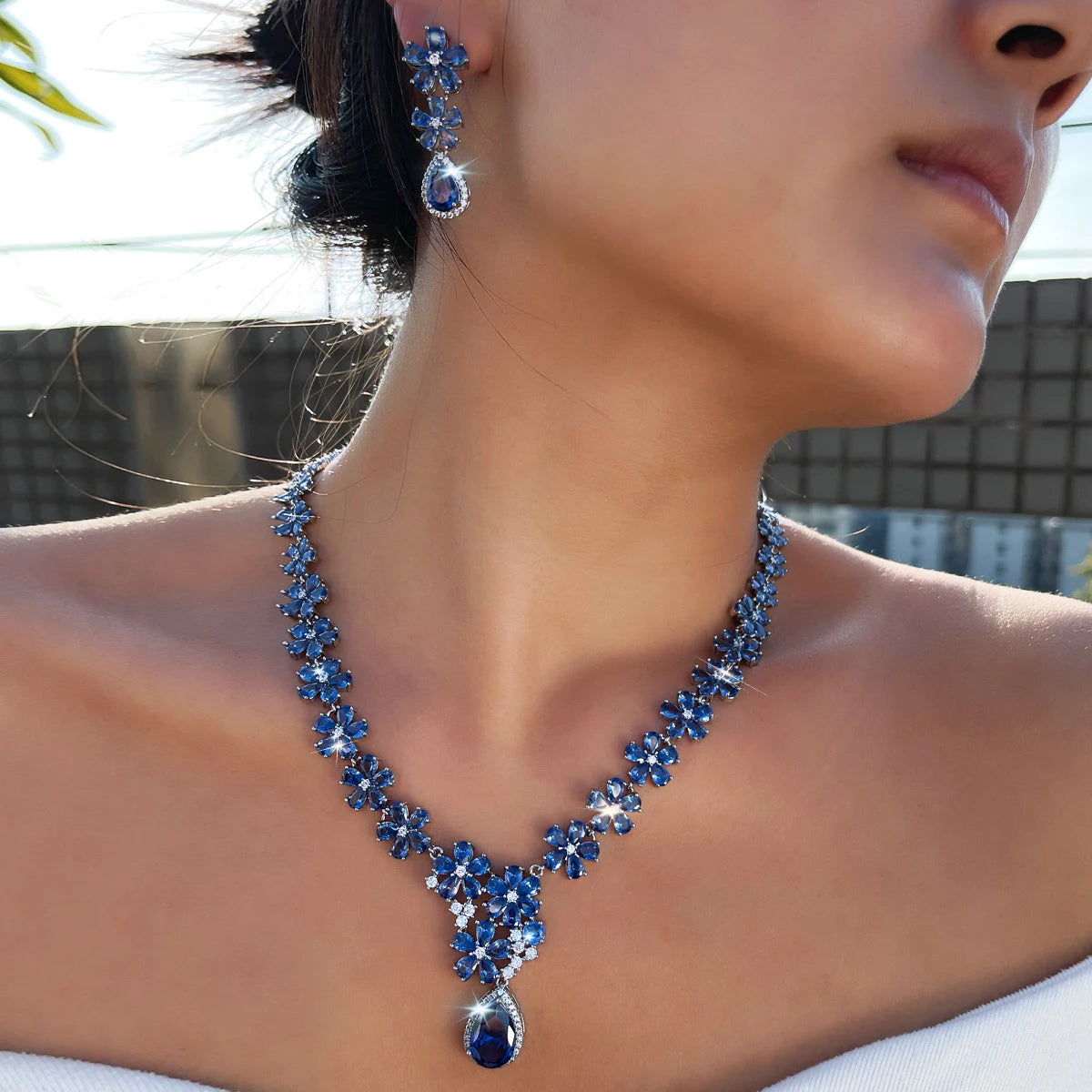 Tanzanite CZ Jewelry Set Blue Flower Water Drop Cubic Zirconia Dangle Necklace Earrings Jewelry Set With Rhodium Plated Gift Jovera Joyce