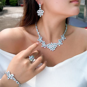 Elegant 4pcs Leaf Shape Cubic Zirconia Stone Bridal Luxury Green Jewelry Set for Women Party Engagement Dress Accessories Jovera Joyce