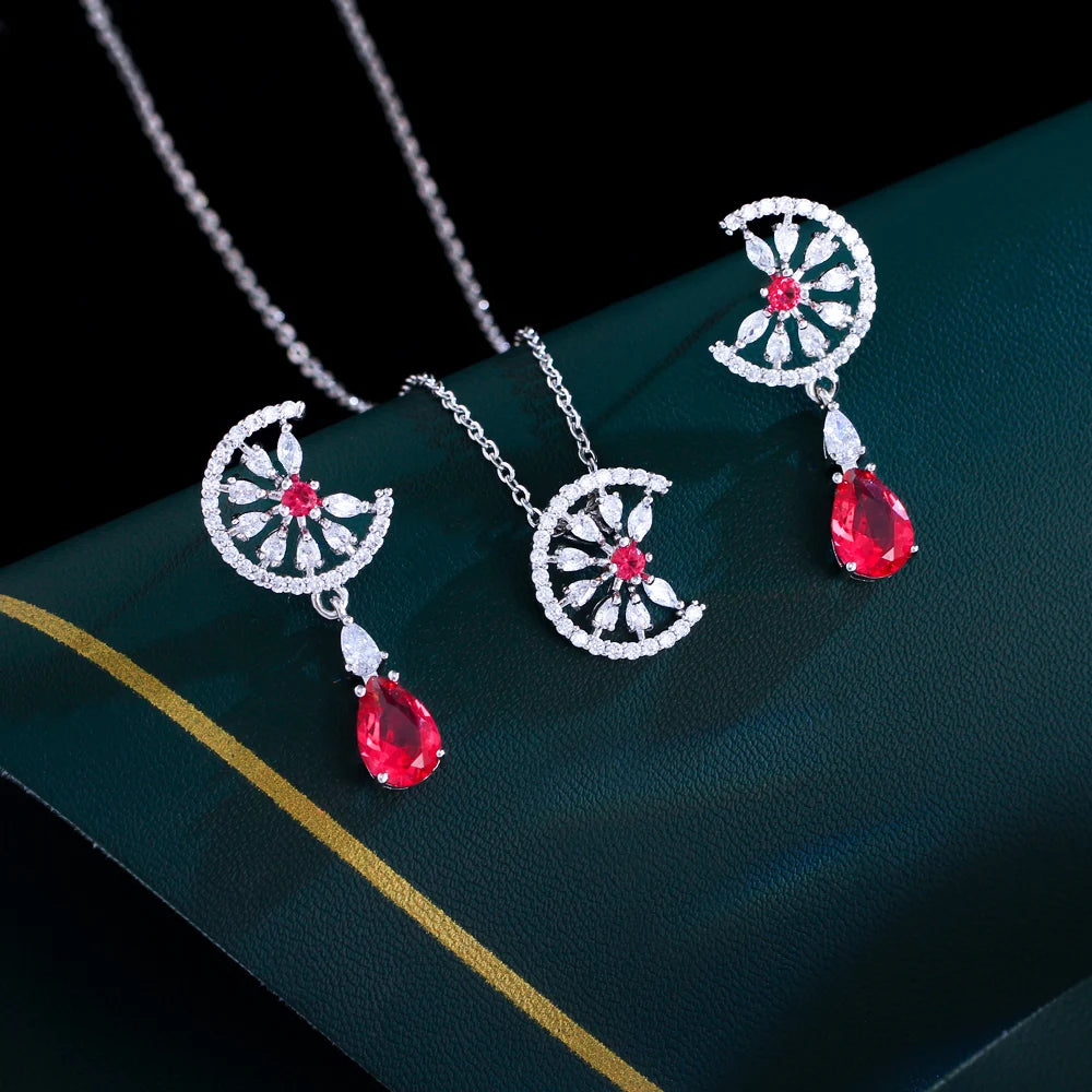 Dainty Blue Water Drop Cubic Zirconia Engagement Half Round Pendant Necklace and Earrings Fashion Jewelry Set for Women Jovera Joyce