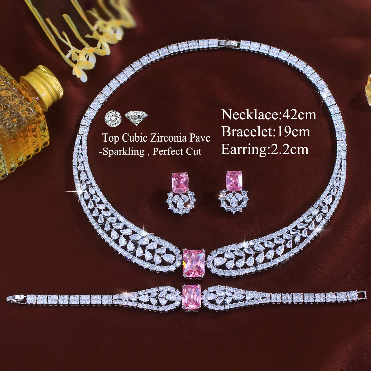 Trendy Water Drop Square CZ Crystal Jewelry Set Pink Cubic Zircon Necklace Earring Bracelet Women Engagement Costume Jewelry Set Jovera Joyce