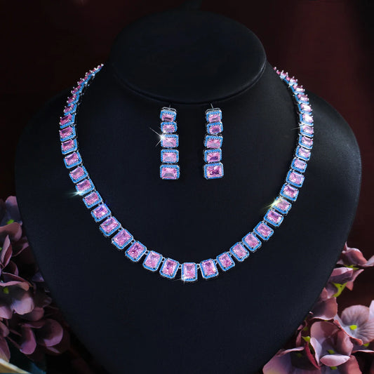 Rhodium Plated CZ Pink Baguette Tennis Necklace Earring Set Blue Turquoise Zircon Jewelry Set for Brides Wedding Engagement Gift Jovera Joyce