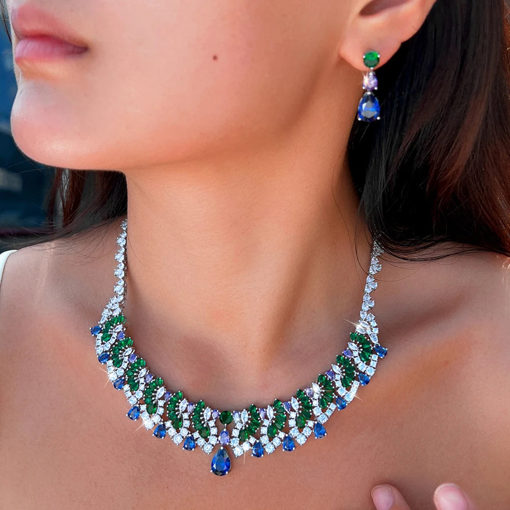 Vintage Shiny Blue Green Cubic Zirconia Necklace Earrings Luxury Water Drop Bridal Wedding Evening Party Jewelry Set for Women Jovera Joyce