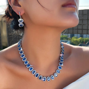Tanzanite Oval CZ Jewelry Set Necklace Huggie Dangle Earrings Rhodium Plated Cubic Zirconia Bridal Women Wedding Jewelry Set Jovera Joyce