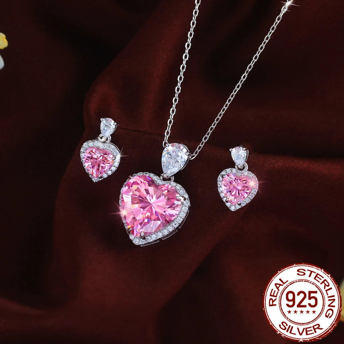 Rhodium Plated CZ Pendant Earrings Drop Pink Heart Zircon Pendant Stud Earrings for Girls 925 Sterling Silver Lovely Jewelry Set Jovera Joyce
