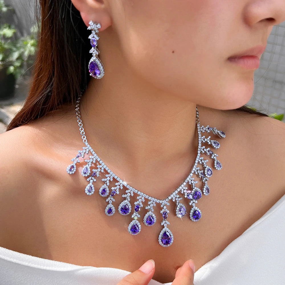 Gorgeous Long Tassel Necklace and Earrings CZ Zirconia Wedding Bridal Party Engagement Luxury Big Purple Jewelry Set for Women Jovera Joyce