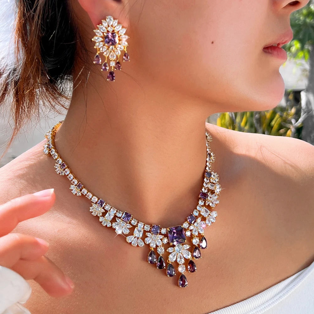 Luxury Purple and White Cubic Zirconia  Big Necklace Earrings Italian Dubai 18k Gold Plated Bridal Jewelry Set for Women Wedding Jovera Joyce