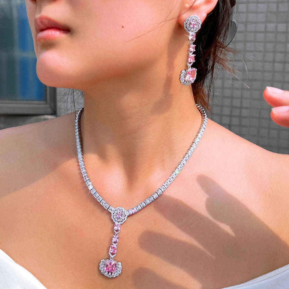 Glamorous Cubic Zirconia Necklace and Earrings Shimmering Pink White Jewelry Set for Women Wedding Anniversary Banquet Jewellery Jovera Joyce