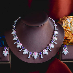 Rhodium Plated Purple Pink Drop Necklace Earrings CZ Long Leaf Enamel Necklace Earrings for Women Fiancee Engagement Jewelry Set Jovera Joyce