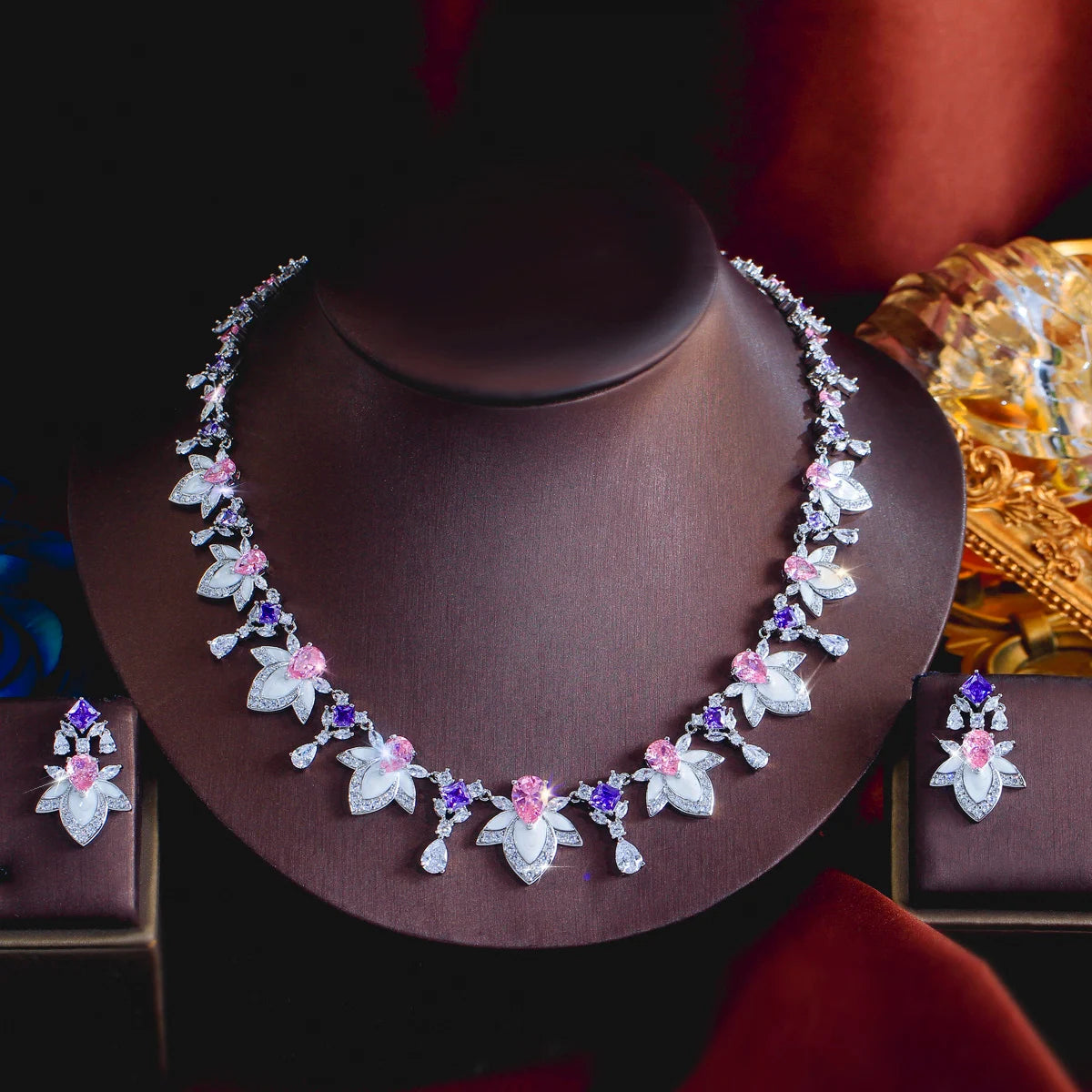 Rhodium Plated Purple Pink Drop Necklace Earrings CZ Long Leaf Enamel Necklace Earrings for Women Fiancee Engagement Jewelry Set Jovera Joyce