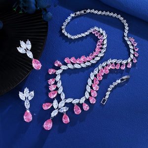 Super Luxury Cubic Zirconia Water Drop Shape Necklace and Earrings Wedding Bridal White Pink Jewelry Set for Women Jovera Joyce