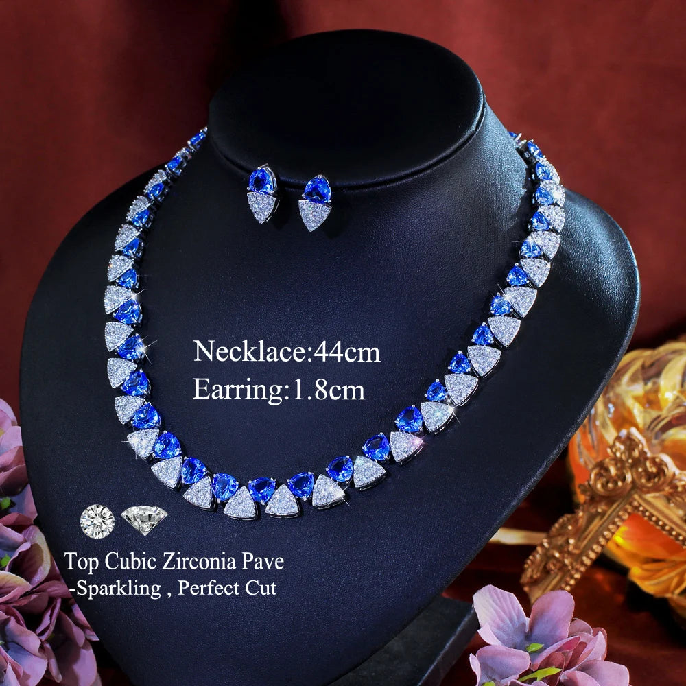 Luxury Unique Shiny Blue Synthetic Tanzanite Stone and White Zirconia Triangle Shape Bridal Wedding Party Jewelry Set for Women Jovera Joyce
