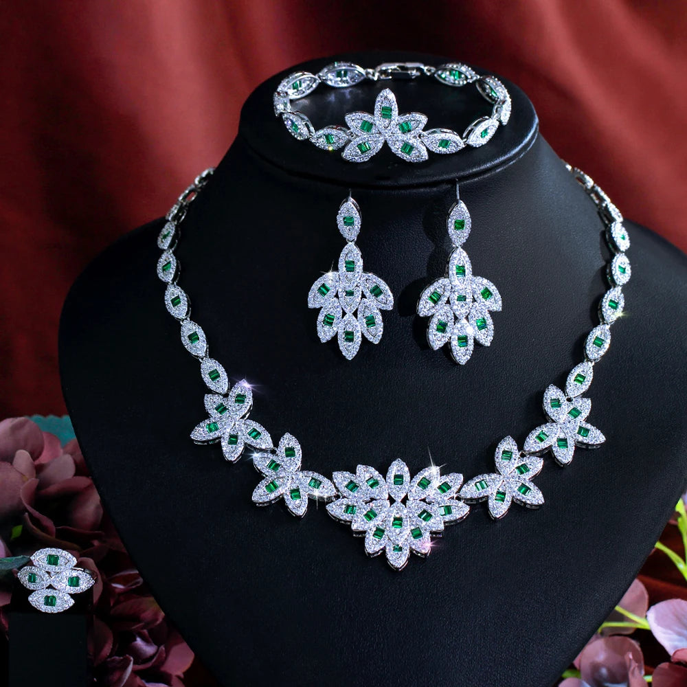 Elegant 4pcs Leaf Shape Cubic Zirconia Stone Bridal Luxury Green Jewelry Set for Women Party Engagement Dress Accessories Jovera Joyce
