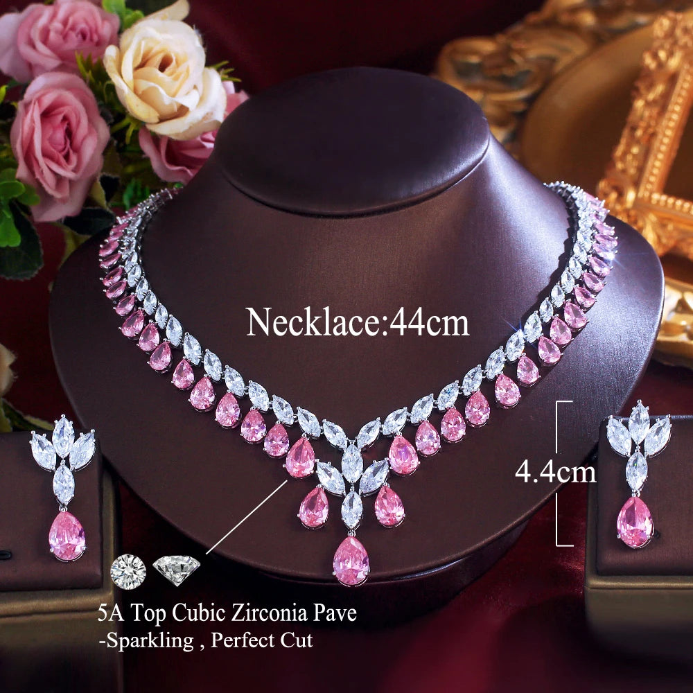 Super Luxury Cubic Zirconia Water Drop Shape Necklace and Earrings Wedding Bridal White Pink Jewelry Set for Women Jovera Joyce