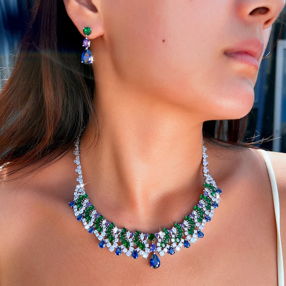 Vintage Shiny Blue Green Cubic Zirconia Necklace Earrings Luxury Water Drop Bridal Wedding Evening Party Jewelry Set for Women Jovera Joyce