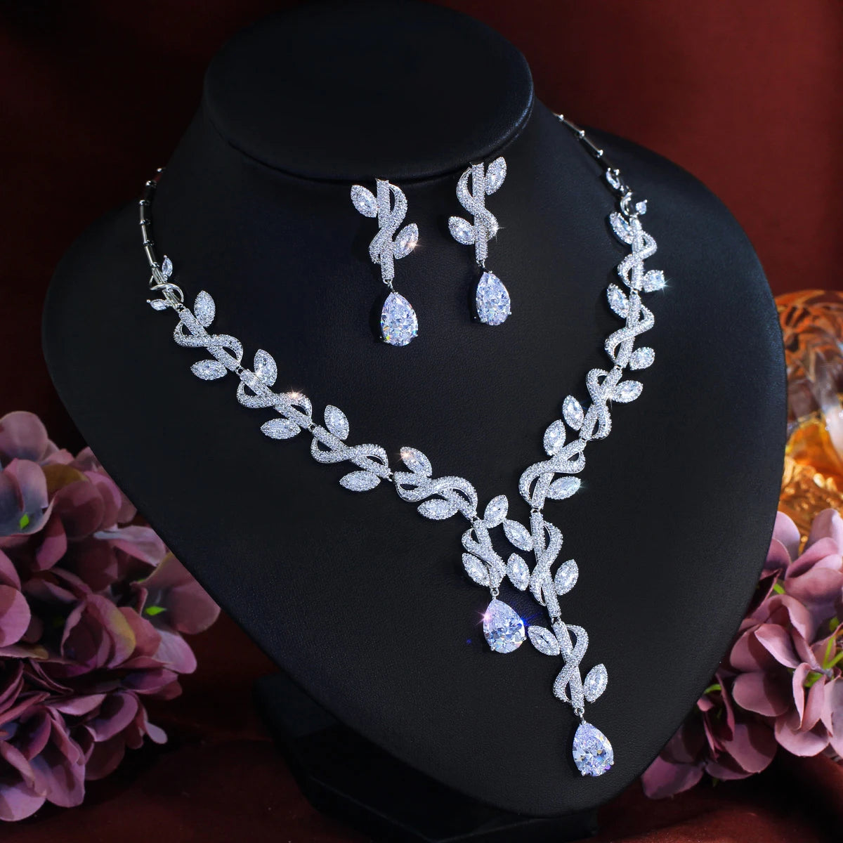 Elegant Cubic Zirconia Luxury Necklace and Earrings Women Big Leaf Weed Shape Jewelry Set for Wedding Bride Anniversary Gift Jovera Joyce