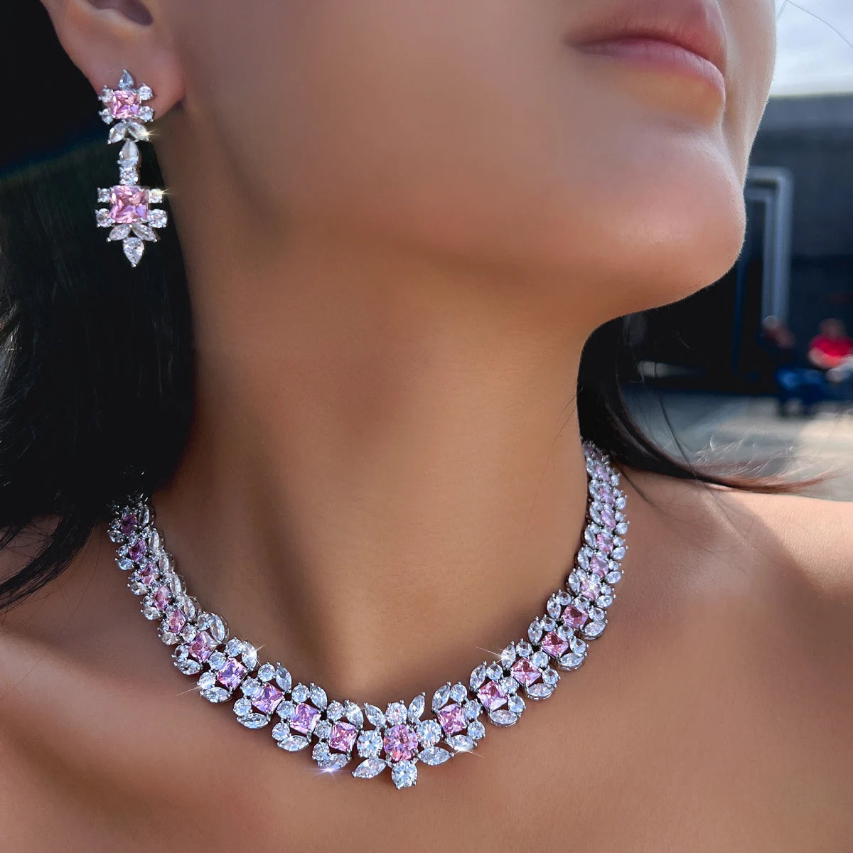 Rhodium Plated Geometric CZ Jewelry Set Pink Square Cubic Zircon Leaf Tennis Necklace Earrings Jewelry Set for Women Party Gift Jovera Joyce