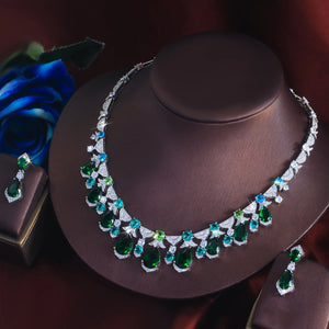 Trendy CZ Jewelry Set Light Blue Round Green Drop Zirconia Tennis Necklace Earrings Jewelry Set for Women Lady Valentine's Gift Jovera Joyce