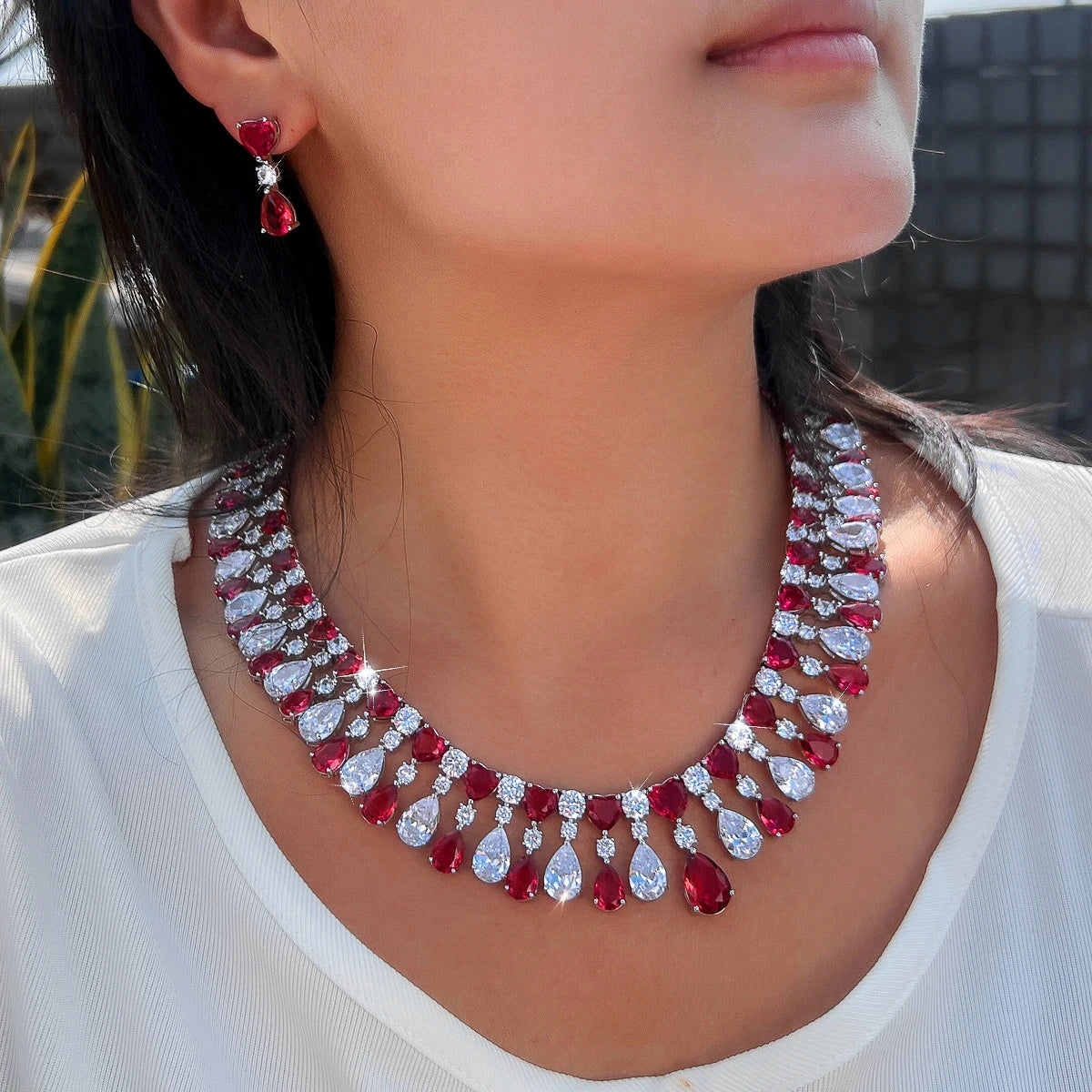 Charming Cubic Zirconia Jewelry Set Rhodium Plated Red CZ Heart Drop Dangle Necklace Earrings Jewelry Set for Brides Wedding Jovera Joyce