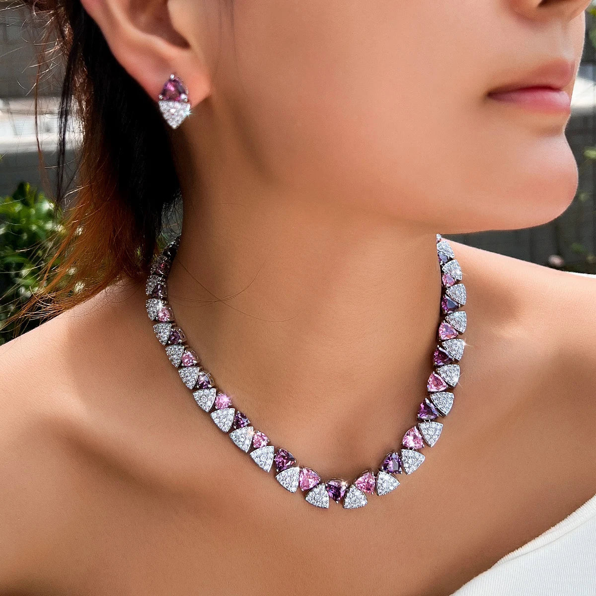 Geometric White Pink Purple Triangle Cubic Zircon Wedding Necklace Earrings 2Pcs Jewelry Set for Women Evening Party Accessory Jovera Joyce