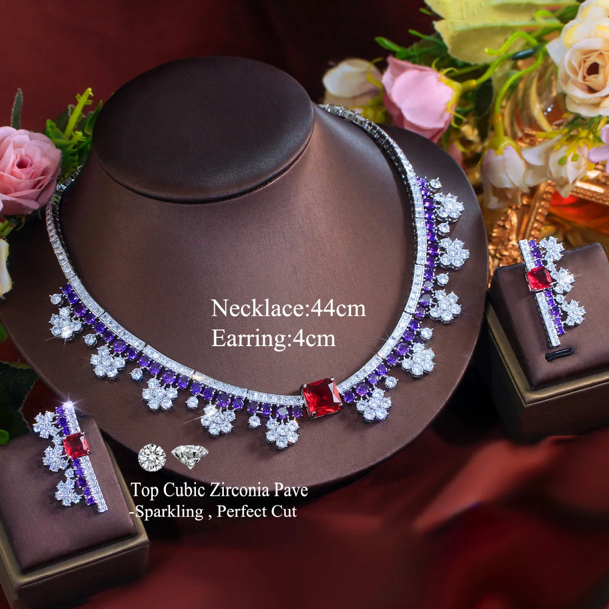 Gorgeous Flower Necklace and Earrings Purple Red Bridal Jewelry Set for Women Luxury Wedding Dress Accessories Jovera Joyce