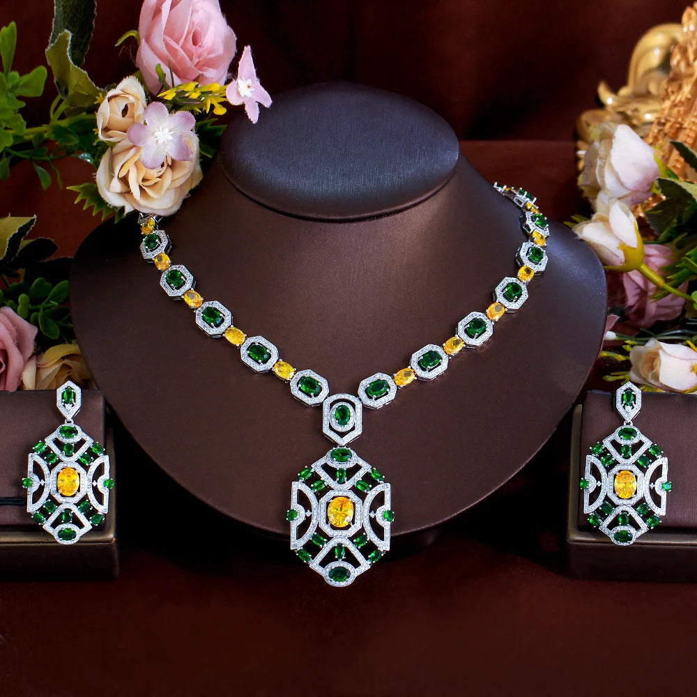 Super Luxury Yellow Green Zirconia Wedding Banquet Big Chunky Necklace and Earrings Bridal Party Costume Jewelry Sets for Women Jovera Joyce