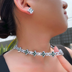 Hip Hop Jewelry Sapphire Blue 4 Leaf Clover Flower Necklace and Earrings Cubic Zircon Cuban Link Chain Jewelry Set for Women Man Jovera Joyce
