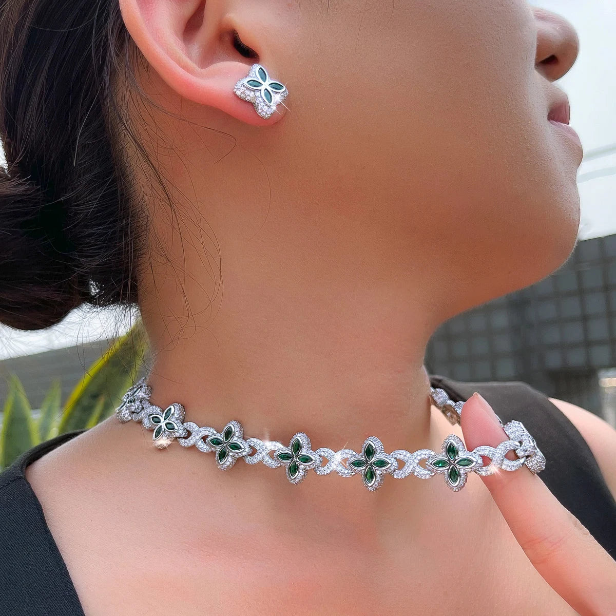 Hip Hop Jewelry Sapphire Blue 4 Leaf Clover Flower Necklace and Earrings Cubic Zircon Cuban Link Chain Jewelry Set for Women Man Jovera Joyce