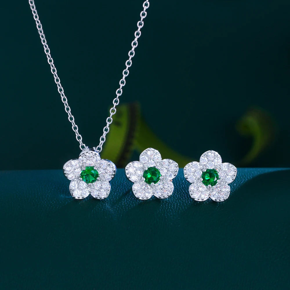 Korean Style Micro Pave Cubic Zircon Green Red Blue White Flowers Necklace and Earrings Jewelry Sets for Women Summer Daily Wear Jovera Joyce