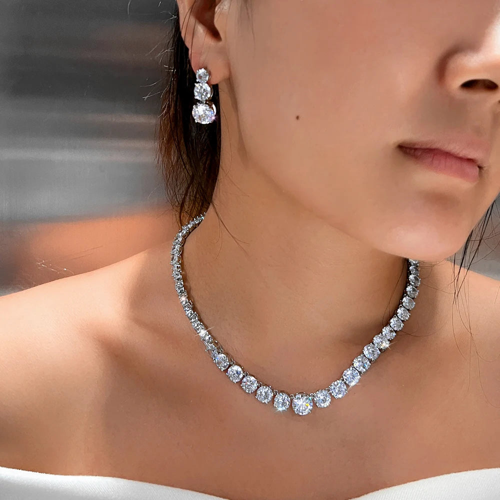 Super Glittering Round Cubic Zirconia Tennis Necklace and Earrings Jewelry Set for Women Wedding Bridal Party Engagement Banquet Jovera Joyce