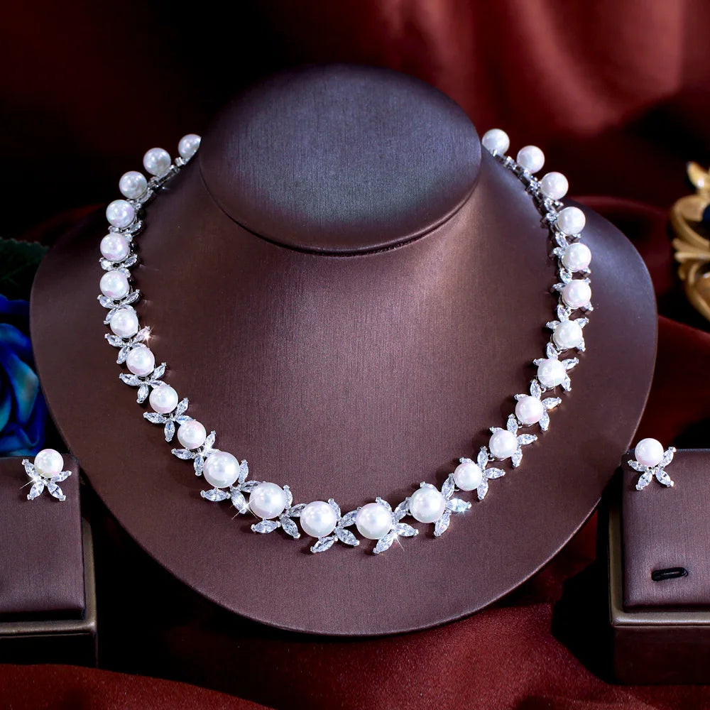 Dazzling Cubic Zirconia Stone Necklace and Earrings Big Imitation Pearl Jewelry Set for Women Wedding Bridal Dress Accessories Jovera Joyce