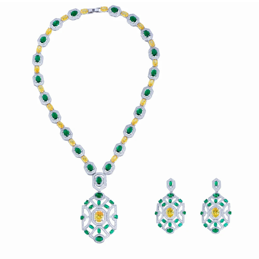 Super Luxury Yellow Green Zirconia Wedding Banquet Big Chunky Necklace and Earrings Bridal Party Costume Jewelry Sets for Women Jovera Joyce