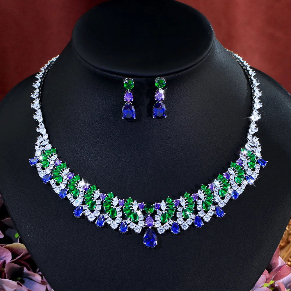 Vintage Shiny Blue Green Cubic Zirconia Necklace Earrings Luxury Water Drop Bridal Wedding Evening Party Jewelry Set for Women Jovera Joyce