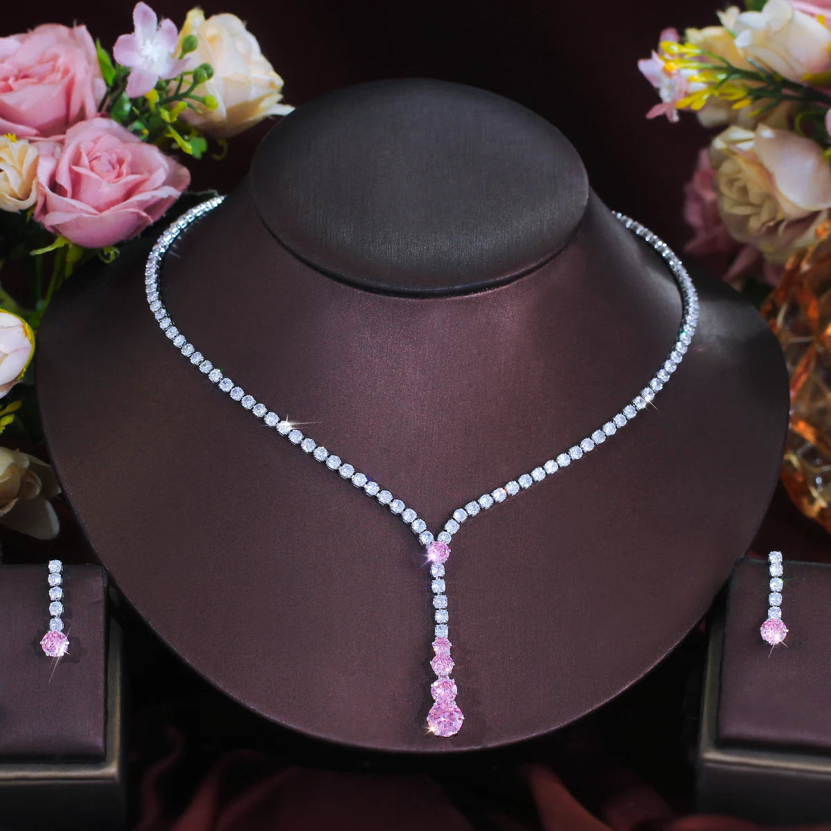 Charming CZ Jewelry Set Long Round Tennis Brilliant Cut Pink Zircon Necklace Earring Rhodium Plated CZ Women Wedding Jewelry Set Jovera Joyce