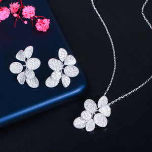 Glitter Silver Plated Cubic Zirconia Big Delicate Leaf Shaped Chain Pendant Necklace Earring Bridal Jewelry Sets for Women Jovera Joyce